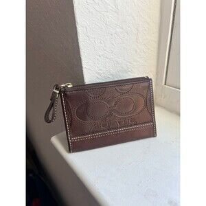Coach Chocolate Brown Hamptons Embossed Stitched Leather Coin Purse Wallet